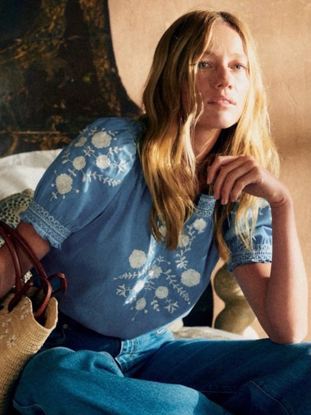 Sezane Blue Floral Embroidered Cropped Top with Puff Sleeves
